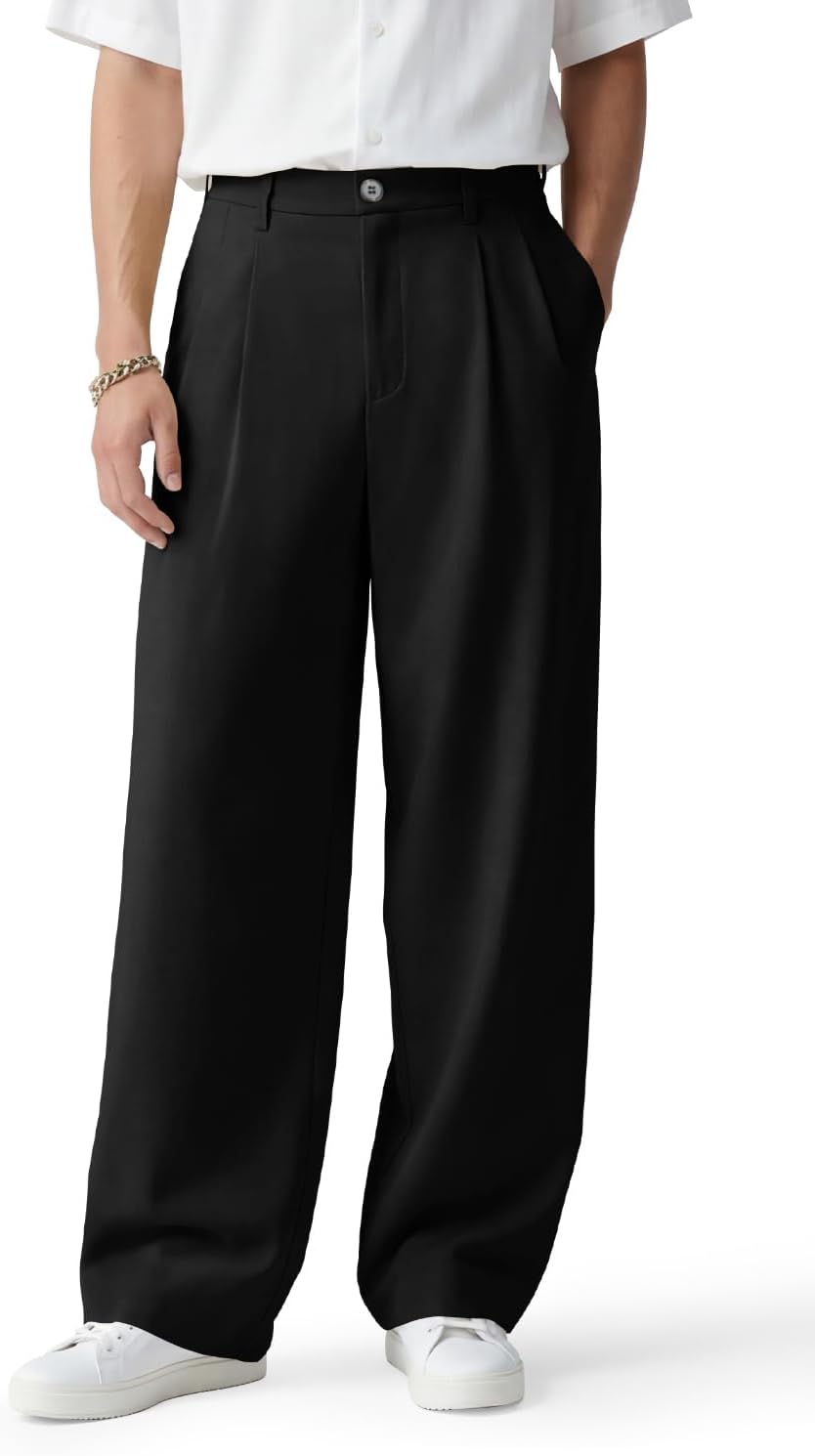 Heyfanee Mens Casual Pants Loose Fit Slacks for Men with Belt Loops | Pleated Wide Leg, Old Money Style, Stretch Waist, Zip Fly, Suitable For Fashion, Daily Wear, Dress, Travel