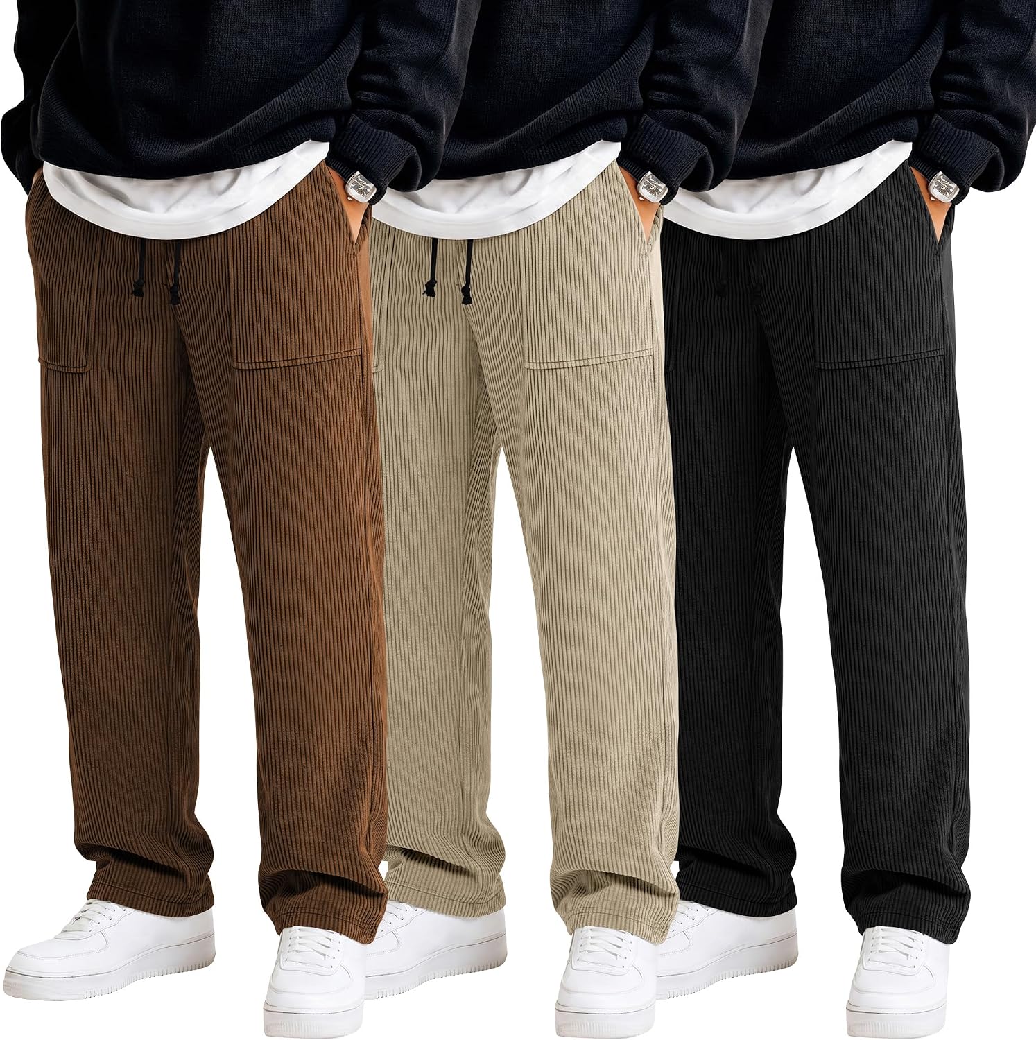 Men’s Corduroy Casual Trousers — Pack of 3, Elastic Waist Wide Leg Men’s Corduroy Casual Trousers — Pack of 3, Elastic Waist Wide Leg