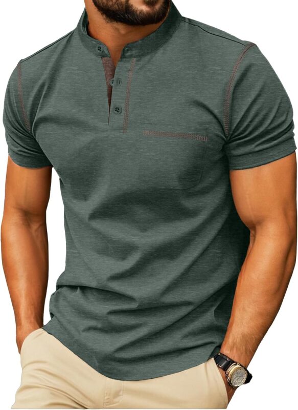 Men's Cotton Henley Short Sleeve Shirt with Chest Pocket