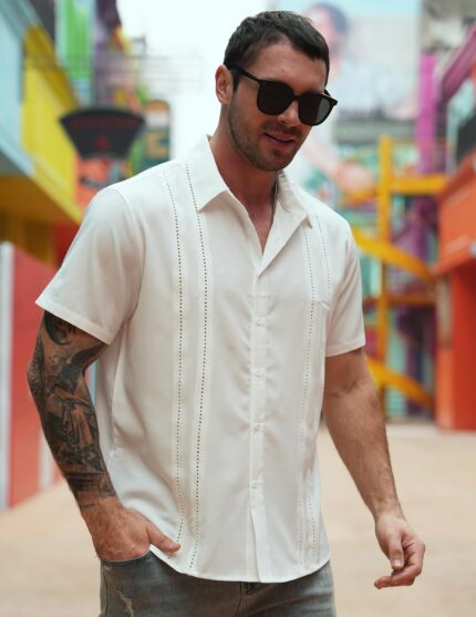 Men’s Cuban Collar Short Sleeve Shirt — Textured Panel Front
