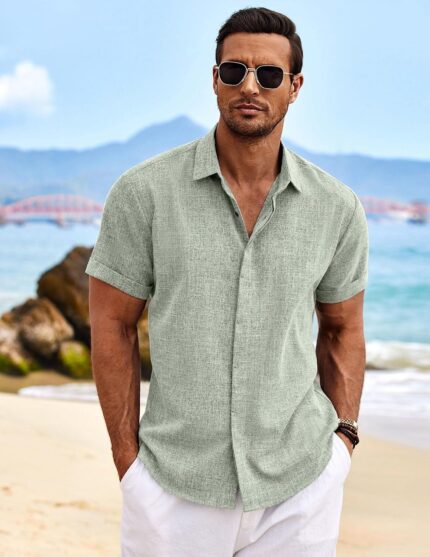 Men’s Linen Blend Beach Shirt — Short Sleeve, Button Down