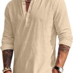 Men’s Linen Blend Henley Long Sleeve T-Shirt — Solid Colour