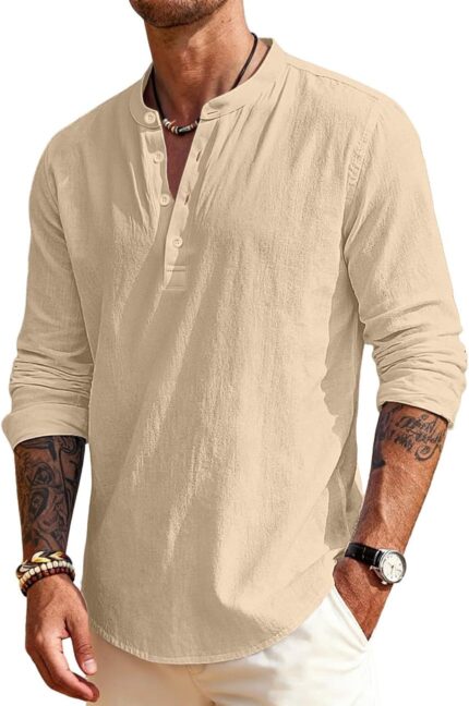 Men's Linen Blend Henley Long Sleeve T-Shirt — Solid Colour