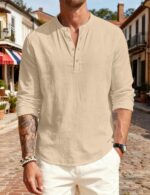 Men’s Linen Blend Henley Long Sleeve T-Shirt — Solid Colour