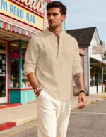 Men’s Linen Blend Henley Long Sleeve T-Shirt — Solid Colour
