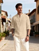 Men’s Linen Blend Henley Long Sleeve T-Shirt — Solid Colour