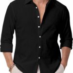 Men’s Linen Blend Long Sleeve Shirt — Button Down, Solid Colour