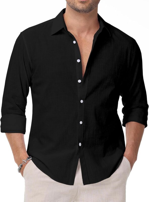 Men's Linen Blend Long Sleeve Shirt — Button Down, Solid Colour