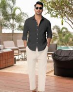 Men’s Linen Blend Long Sleeve Shirt — Button Down, Solid Colour