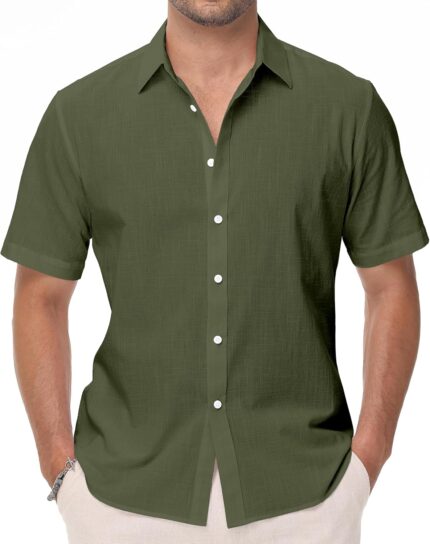 Men's Linen Blend Short Sleeve Shirt — Regular Fit, Camp Collar