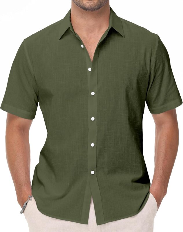 Men's Linen Blend Short Sleeve Shirt — Regular Fit, Camp Collar