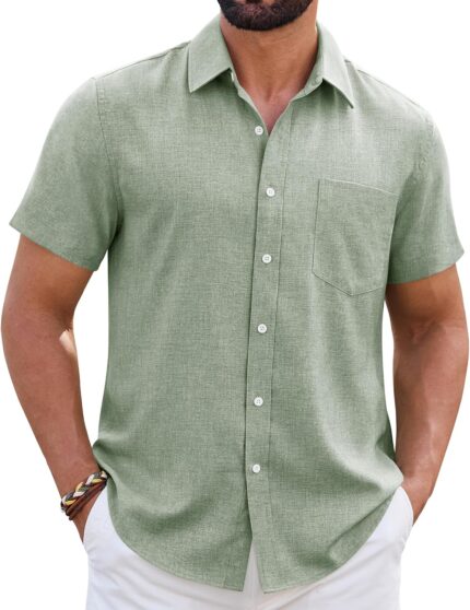 Men's Linen Blend Short Sleeve Shirt — Untucked Length, Breathable