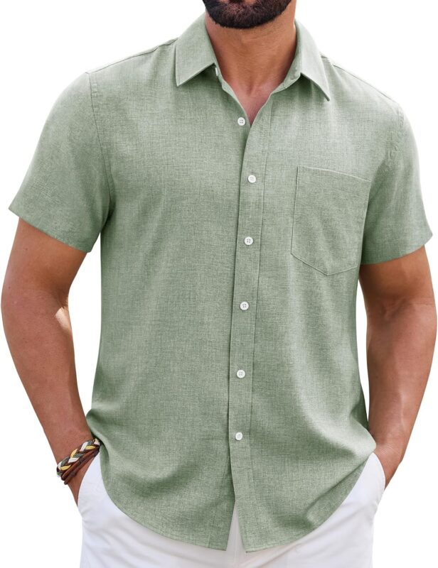 Men's Linen Blend Short Sleeve Shirt — Untucked Length, Breathable