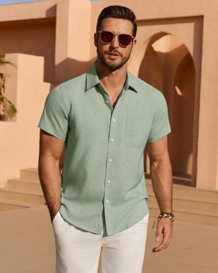 Men’s Linen Blend Short Sleeve Shirt — Untucked Length, Breathable