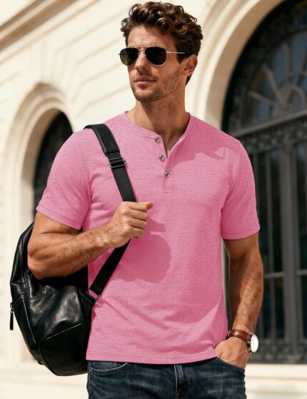 Men’s Moisture Wicking Henley Short Sleeve Shirt — Lightweight Cotton Blend