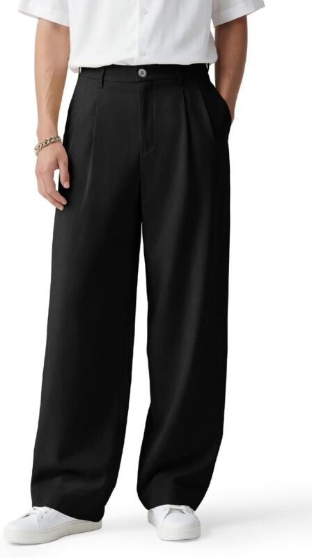 Men's Pleated Wide Leg Slacks with Belt Loops — Stretch Waist