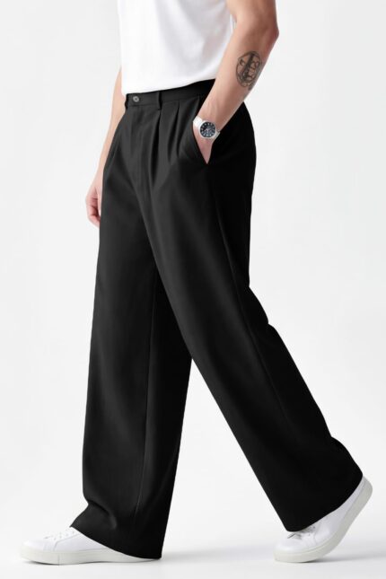 Men’s Pleated Wide Leg Slacks with Belt Loops — Stretch Waist