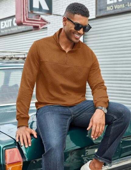 Men’s Quarter Zip Mock Neck Pullover — Lightweight Textured Knit