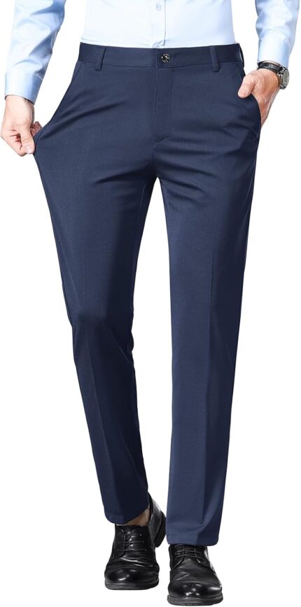 Men’s Regular Fit Flat Front Dress Trousers — Stretch, Wrinkle Free