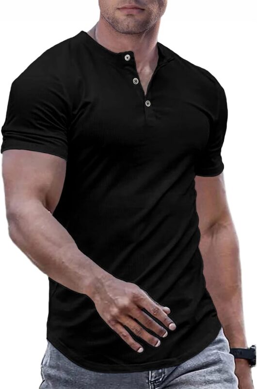 Men's Slim Fit Longline Henley T-Shirt — Crewneck with Button Placket