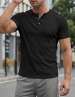 Men’s Slim Fit Longline Henley T-Shirt — Crewneck with Button Placket