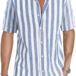 Men’s Striped Cotton Short Sleeve Shirt — Button Up Casual Shirt