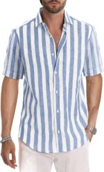 Men’s Striped Cotton Short Sleeve Shirt — Button Up Casual Shirt
