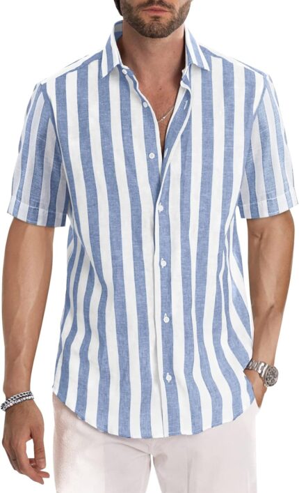 Men's Striped Cotton Short Sleeve Shirt — Button Up Casual Shirt