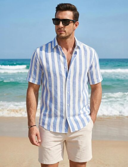 Men’s Striped Cotton Short Sleeve Shirt — Button Up Casual Shirt