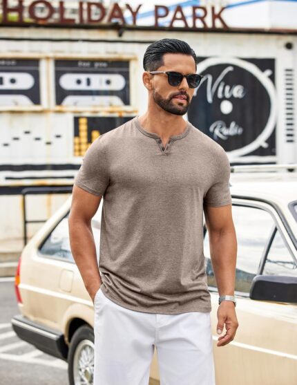 Men’s V Neck Short Sleeve T-Shirt — Soft Notch Neck, Plain