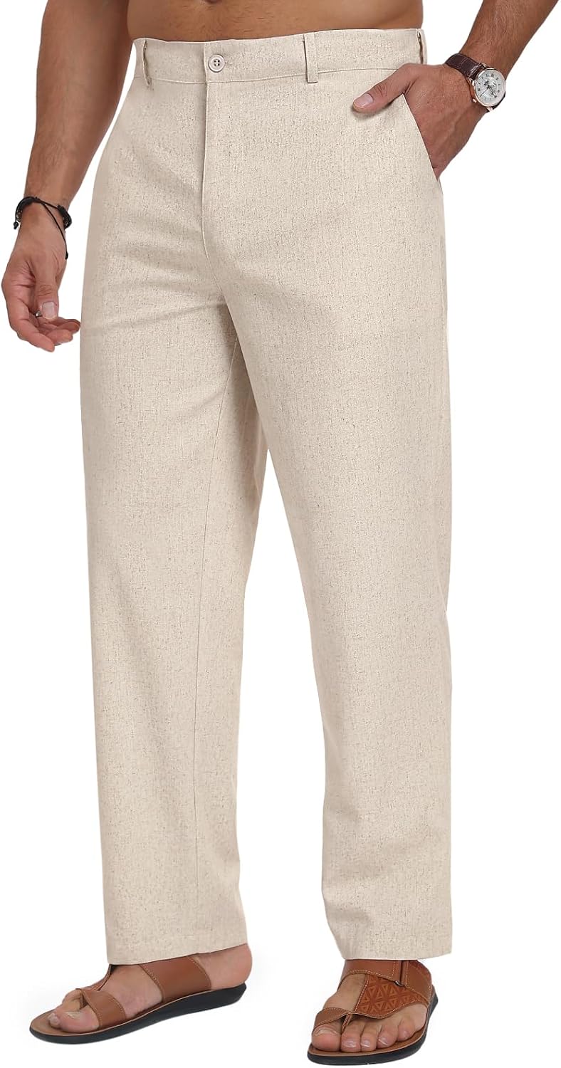 Puimentiua Mens Linen Casual Business Dress Pants Elastic Waist Regular Fit | Breathable Summer Beach Linen Cotton Pants, Comfy Lightweight Relaxed Fit Casual Trousers, Daily Wear Outfits