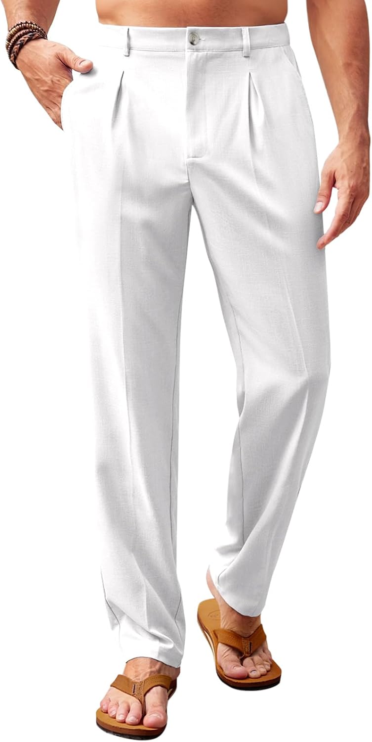 Runcati Mens Casual Pants Elastic Waist Lightweight Loose Pleated Slacks | Summer Beach, Yoga Trousers, Button Closure, Straight Leg, With Pockets, Solid Color